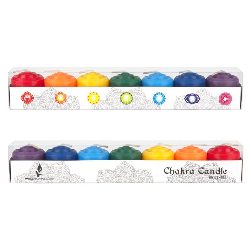 Mega Candles 7 pcs Unscented Chakra Votive Candles, Hand Poured Premium Wax Candle 10 Hours 1.38 Inch x 1.5 Inch, 100% Cotton Wick, Positive Healing Energy, Meditation, Relaxation, Reiki, Yoga - Image 3